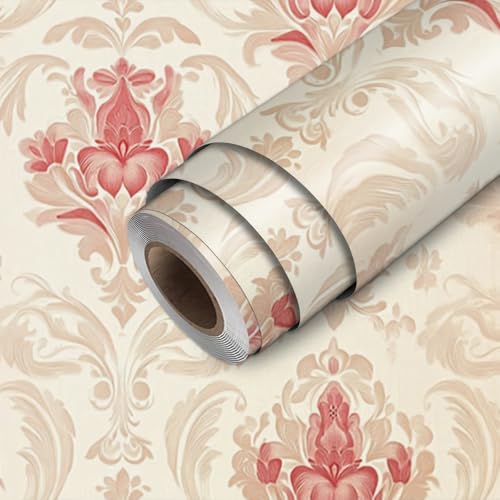 HOMETITUTE Wallpaper Peel and Stick Beige and Red European Vintage Damask Contact Paper Wall Paper Stick 17.7" x 118.1" Self Adhesive Removable Vinyl Wall Covering Bedroom Kitchen Bathroom Home Decor - color: European Vintage Damask