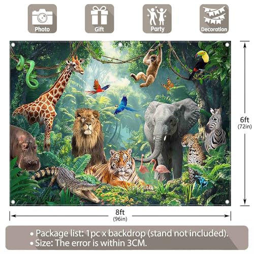 Fabric 8x6ft Jungle Forest Animals Photography Backdrop Tropical Rainforest Safari Background Wild Party Decorations Kids Event Photo Banner Props - size: 8'x6'