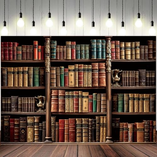 7x5ft Bookshelf Backdrop Vintage Bookcase Theme Photography Background Retro Medieval Classic Books Antique Bookshelves Ancient Library Banner Decorations Office Conference Photo Booth Prop - color: Color 1, size: 7x5ft