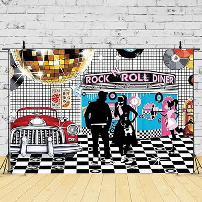 Disco Retro Style Photo Backdrop - 50's Rock Roll Prom Dance Birthday Diner Party Decor - Classic Car Party Decoration Banner, 5x3FT - size: 5X3FT