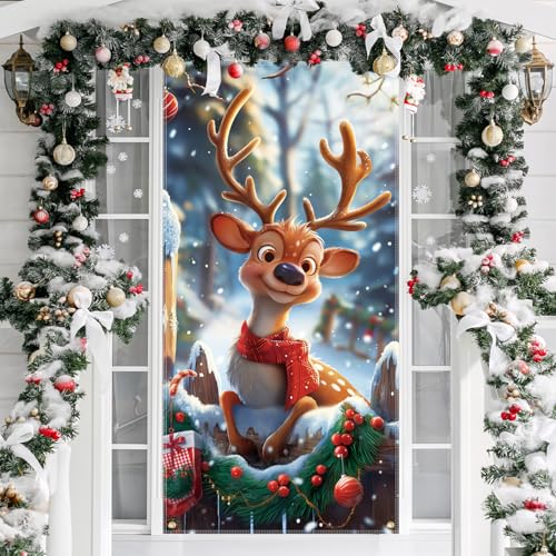 FINGOOO Christmas Door Cover Reindeer Decorations, 6Ft x 3Ft Cute Front Door Xmas Decorations Festive Fabric Door Covers Photo Booth Props