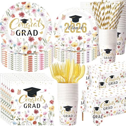 Ceenna 452 Pcs Class of 2026 Gold Floral Graduation Decoration Party Supply for 50, Wildflower Congrats Grad Paper Plates Napkins Cups Tablecloth Cutlery Straw for Freshly Graduated Party Decorations - color: Gold