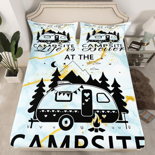 Feelyou Marble RV Camping Bed Sheets Set Happy Camping Sheet Set Cartoon Camping Car Sheets with Deep Pocket Fitted Sheet Blue Marble Texture Bedroom Decor Farmhouse Bedding Set Bed Set Queen Size - size: Queen