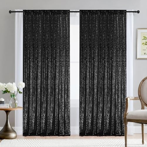 2×8FT-2PCS Black Sequin Backdrop Curtains Panels, Photography Backdrop Glitter Curtains Fabric Background for Wedding Party Decor - color: Black, size: 2X8FT-2PCS