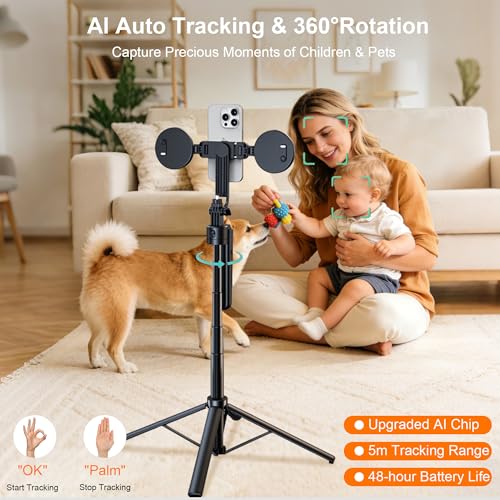 Tripod for iPhone with Light Vlogging Camera, Auto Face Tracking Tripod 360 Rotation with Remote, No App, Portable Travel Phone Holder for Video Recording Live Streaming, Content Creator Essentials - size: Tripod with 2 Ring Lights