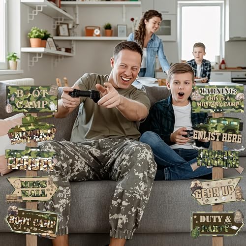 Hooqict 20 Pieces Army Party Sign Camouflage Military Birthday Party Decorations Directional Signs for Boys Men Camo Army Retirement Decorations Welcome to Boot Camp Party Supplies - style: Army