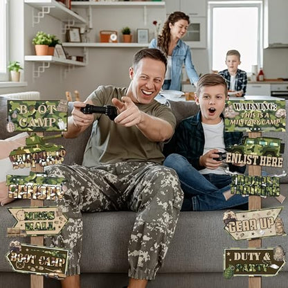 Hooqict 20 Pieces Army Party Sign Camouflage Military Birthday Party Decorations Directional Signs for Boys Men Camo Army Retirement Decorations Welcome to Boot Camp Party Supplies - style: Army