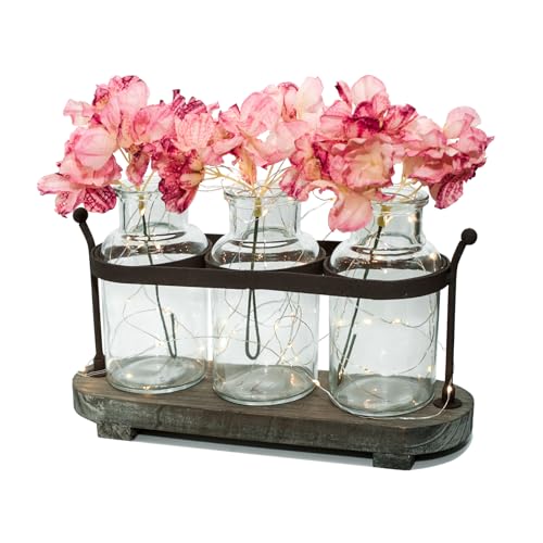 Vase Set with Flower and LED Lights, 3 Glass Mason Jars with Artificial Peony Flowers, Rustic Gray-Washed Wood Tray, Farmhouse Table Decor