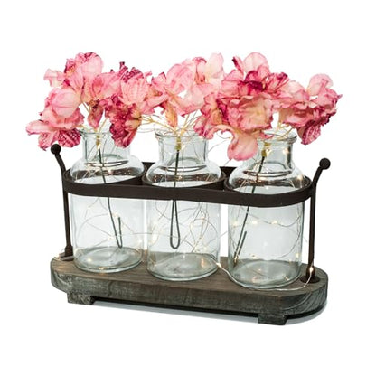 Vase Set with Flower and LED Lights, 3 Glass Mason Jars with Artificial Peony Flowers, Rustic Gray-Washed Wood Tray, Farmhouse Table Decor