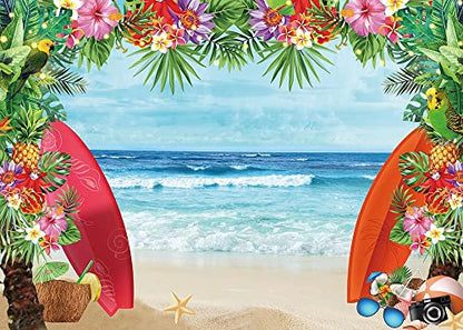 HQM 10X8FT Summer Tropical Beach Theme Photo Background Beach Conch Hawaii Blue Sea Flower Children Birthday Luau Party Photography Backdrop Cake Table Decor Supplie - size: 10x8 FT