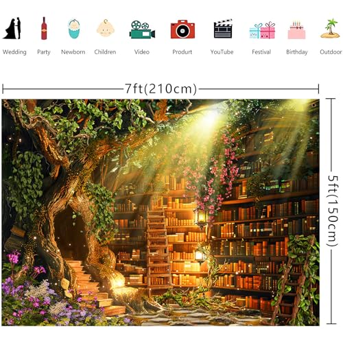Fairy Tale Library Backdrop for Photography,Woodland Bookshelf Enchanted Magic Storybook Photo Background,7x5ft Child Birthday Party Decoration Banner Portrait Studio Props - size: 7X5ft