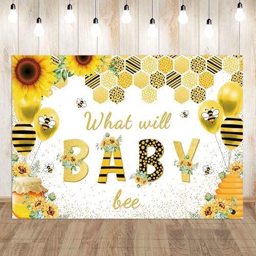 5x3ft Baby Shower Backdrop What Will Baby Bee Yellow Flower Background Kids Party Supplies Wall Banner Cake Table Decor Newborn Gender Reveal Neutral Photography Photo Booth Studio Props - size: 5x3ft