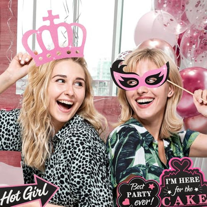 Hot Pink Glitter Photo Booth Props 31 Count, for Birthday Wedding Bachelorette Single Parties, Rose Golden Cute Funny Designs Birthday Decoration for Women Girls Bday Party Supplies