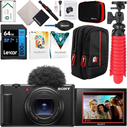 Sony ZV-1 II Vlog Camera with 4K Video & 20.1MP for Content Creators and Vloggers Black ZV-1M2/B Bundle with Deco Gear Case + 64GB Memory Card + Grip/Tripod 2 in 1 + Software + Accessories Kit - color: Black, style: w/ Standard Accessories Kit