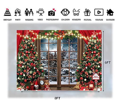 8x6ft Winter Christmas Photography Backdrop Xmas Rustic Wooden Window Full Moon Night Background Baby Kids Party Decorations Portrait Cake Table Banner Photo Studio Props 229 - size: 8x6ft