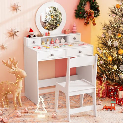 Costzon Kids Vanity, Princess Makeup Dressing Desk with Mirror and Stool, 4 Storage Drawers, Pretend Play Vanity Table and Chair Set for Little Girls (White) - style: White with Round Mirror