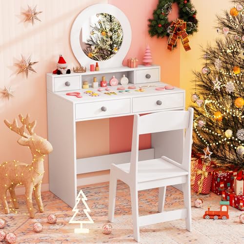 Costzon Kids Vanity, Princess Makeup Dressing Desk with Mirror and Stool, 4 Storage Drawers, Pretend Play Vanity Table and Chair Set for Little Girls (White) - style: White with Round Mirror