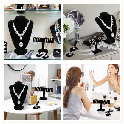 Wenqik 4 Pcs Velvet Jewelry Display Set Velvet Necklace Bust Holder Bracelet Organizer 2 Ring Finger Jewelry Holder - color: Black