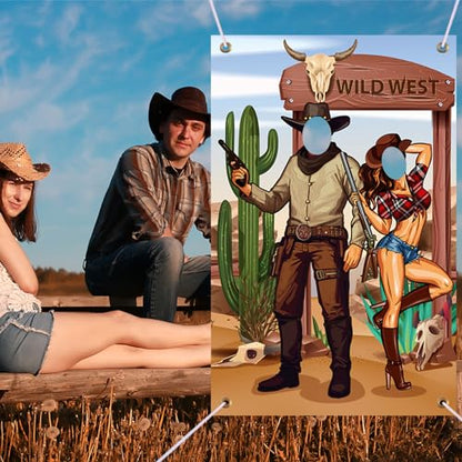 Tudomro 73 x 47 Inch Western Cowboy Backdrop Party Decorations Wild West Large Photo Booth Props Background Door Banner Cowboy Themed Funny Games Supplies for Birthday Party Men - style: Wild West