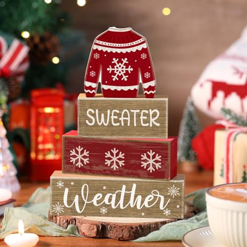 Lineshading 4 Pcs Christmas Table Decorations Ugly Sweater Christmas Decor Winter Tiered Tray Decor Xmas Centerpiece Decorative Ugly Sweater Block Signs Gift Farmhouse Xmas Decoration for Home Kitchen - style: Christmas Sweate
