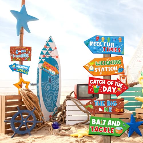 Hooqict 20 Pieces Gone Fishing Sign Fishing Birthday Party Decorations Welcome Direction Signs for Kids Summer Birthday Party Supplies Retirement Decorations Baby Shower Fish Cutouts - style: Gone Fishing