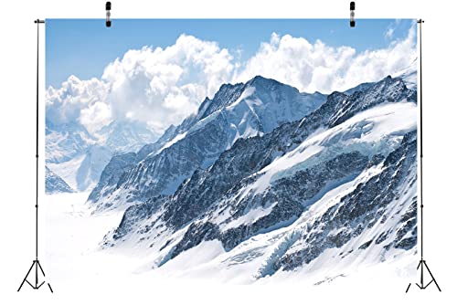 BELECO 5x4ft Fabric Winter Snow Mountain Photography Backdrop Swiss Alps Great Aletsch Glacier Blue Sky White Clouds Background Outdoor Adventure Ski Mountain Party Decorations Portrait Photo Props