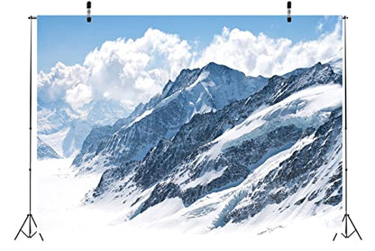 BELECO 5x4ft Fabric Winter Snow Mountain Photography Backdrop Swiss Alps Great Aletsch Glacier Blue Sky White Clouds Background Outdoor Adventure Ski Mountain Party Decorations Portrait Photo Props