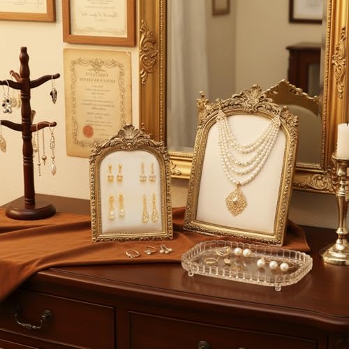 2 Pcs Gold Resin Jewelry Display Stand with Velvet Backing, Vintage Necklace Organizer Ring Holder Earring Holder Jewelry Photography Props Frame for Women Wedding Gifts