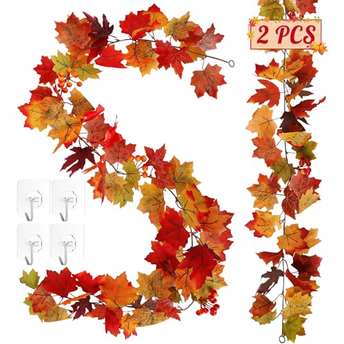 11.8FT Fall Decoration for Home, 2 Pack Artificial Fall Garland, Realistic Fall Leaves Garland, Thanksgiving Garlands Indoor, Colorful Leaves Autumn Garlands for Fall Harvest Thanksgiving Decorations - color: Orange With Berry, size: 2 Pcs
