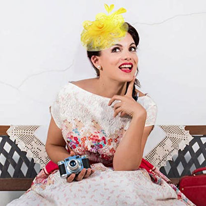 Fascinators Hats with Gloves Set for Women 20s 50s Cocktail Tea Party Wedding Costume Headwear - color: 02 Yellow