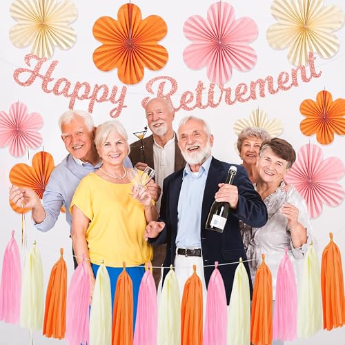 Roetyce Retirement Party Decorations Women, Pink Orange Happy Retirement Banner Paper Fan Tassel, Flower Themed Office Retired Party Supplies for Coworker, Funny Legend Has Retired Photo Backdrop
