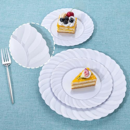 U-QE 60 Pcs White Plastic Plates for Party – Scalloped Plastic Plates Heavy Duty & Elegant – Include 30 10" Dinner & 30 7" Dessert Plate - Perfect for Party & Wedding - color: White