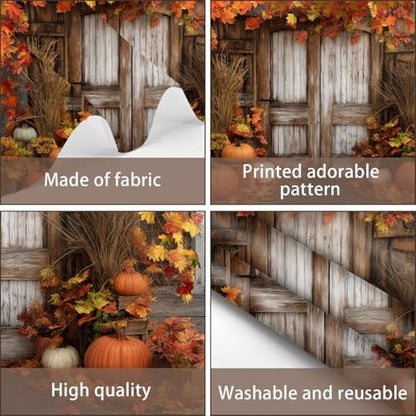Fall Pumpkin Photography Backdrop, Autumn Thanksgiving Harvest Rustic Farm Wooden Barn Door Background Maple Leaves Party Banner Decoration Photo Booth Props 7x5FT