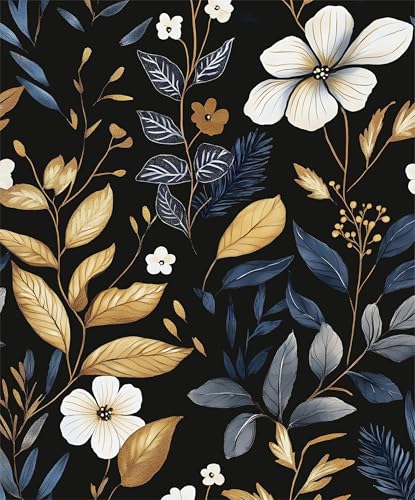 Laatse Vintage Dark Floral Wallpaper Peel and Stick Blue/Gold Leaf Wallpaper Waterproof Self Adhesive Removable Boho Wall Paper Modern for Bedroom Walls Drawer Cabinet 17.5in x 197in - color: Blue&Black, size: 197" x 17.5"