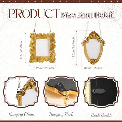 Weysat 10 Pcs Mini Hanging Gold Picture Frame Ornaments Small Hanging Antique Frame with Back and Chain Tiny Baroque Resin Picture Display for Home Wedding Holiday Christmas Tree (Classic Style) - style: Classic