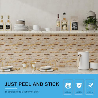 Peel and Stick Backsplash for Kitchen, 10 Sheets PVC Self Adhesive Wall Tile, Waterproof Heat Resistant Stick on Backsplash for Bathroom RV Fireplace, Mixed Beige Marble Look, 9.2 Sq. Ft. - color: Mixed Beige
