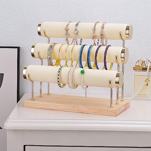 Bracelet Display Holder Small Size Jewelry Storage Stand 3 Tier Bangle Organizer Wooden Velvet Watch Tower - color: S-Beige