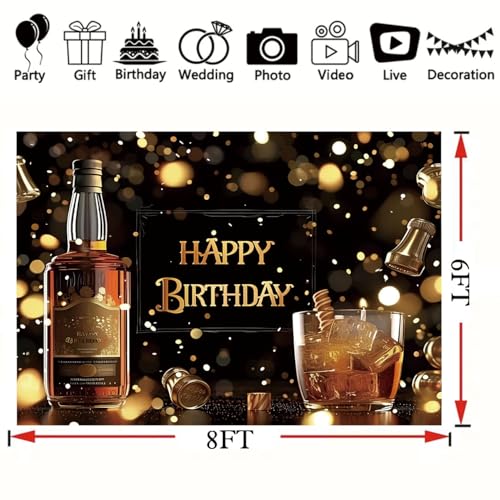 Whiskey Happy Birthday Backdrop Black Gold Glitter Bokeh Background Aged to Perfection Whiskey Birthday Party Decorations Men Supplies Vinyl Photo Booth Prop Cheer Table Decor Banner-8 * 6ft