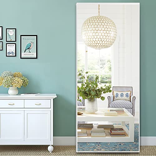 NeuType 55" X 20" Full Length Mirror Aluminum Alloy Thin Frame Floor Mirror Wall Mirror Dressing Mirror Hanging or Leaning Against Wall, Bedroom Mirror Full Body Mirror White with Stand - color: White, size: 55"L x 20"W
