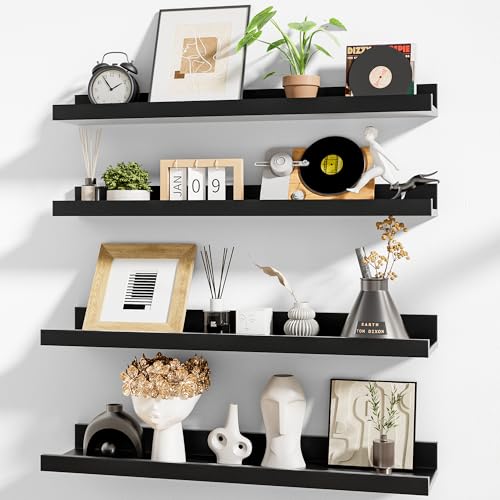 Heimlove Picture Ledge Shelf,24 inch Long Floating Shelves for Wall Set of 4,Black Picture Shelf with Lip for Wall Decor,Living Room,Bedroom,Bookshelf,Nursery,Perfume - color: Black, size: 24'', Set of 4