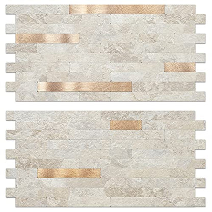 AULIGET Faux Stone Peel and Stick Backsplash, Beige Marble Look PVC Wall Tiles Stick on Backsplash, 2 - color: Stone Beige + Metal Copper, size: 2 Sheets, 6"x12"x0.12"