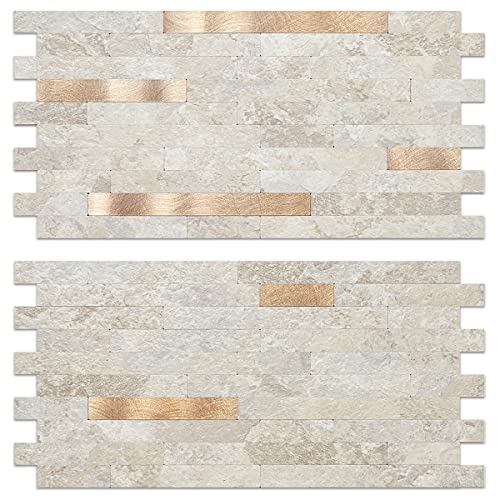 AULIGET Faux Stone Peel and Stick Backsplash, Beige Marble Look PVC Wall Tiles Stick on Backsplash, 2 - color: Stone Beige + Metal Copper, size: 2 Sheets, 6"x12"x0.12"
