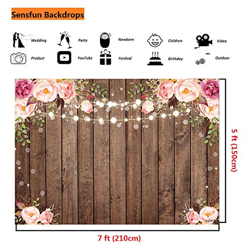 Sensfun 7x5ft Rustic Wood Floral Backdrop for Baby Shower Newborn Studio Picture Photography Retro Wooden Floor Pink Flower Wall Background Wedding Bridal Shower Birthday Party Photoshoot Booth Banner - size: 7X5ft