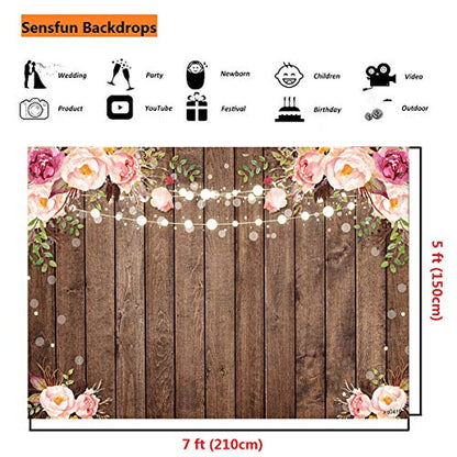 Sensfun 7x5ft Rustic Wood Floral Backdrop for Baby Shower Newborn Studio Picture Photography Retro Wooden Floor Pink Flower Wall Background Wedding Bridal Shower Birthday Party Photoshoot Booth Banner - size: 7X5ft