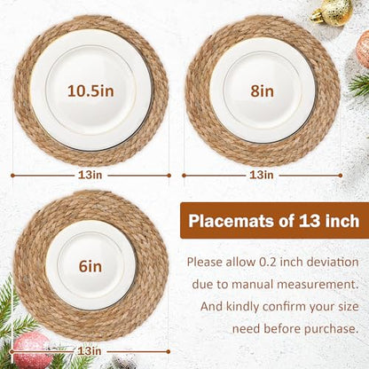 GENMOUS Woven Placemats Set of 10, 13" Round Placemats Natural Water Hyacinth Boho Placemats,Farmhouse Rattan Chargers for Dinner Plates,Rustic Braided Wicker Table Mats for Thanksgiving,Home,Wedding - size: 13inch, Set of 10