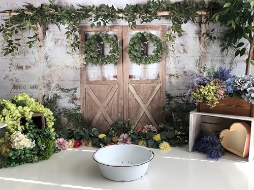 Kate Rustic White Painted Brick Wall Wood Door Photography Backdrops 10x6.5ft Spring Green Grass and Flowers Photo Backgrounds Baby Shower Backdrop Photoshoot Props - size: 10x6.5ft
