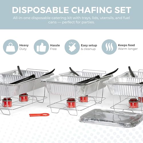 Large Full Size 33-Pcs Disposable Chaffing Buffet with-Covers, Utensils, Fuel Cans – Premium Chafing Dish Set for Events, Parties, Catering - size: Complete Kit (with Racks)