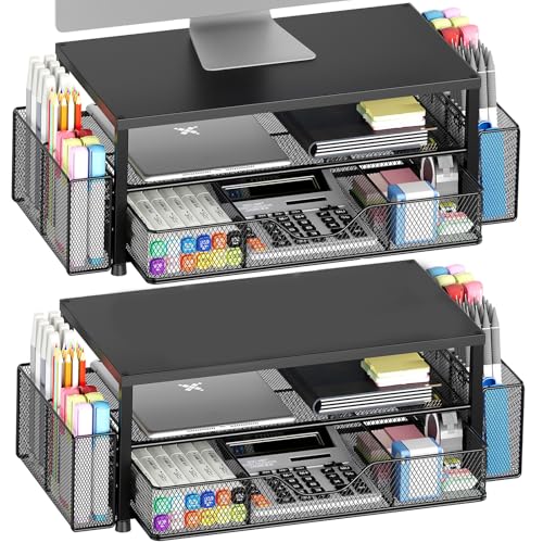 OPNICE Desk Organizer and Accessories, 2-Tier Computer Monitor Stand Riser with Drawer and 2 Pen Holders, Laptop Stand, Office Desk Accessories for Office Supplies, Black 2-Pack - color: Black 2-Pack