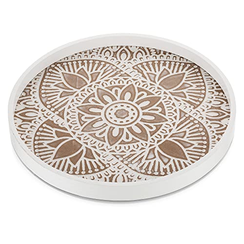 Hanobe Decorative Serving Tray Round: Farmhouse Coffee Table Decor Boho White Mandala Trays for Living Room Kitchen Bathroom Display - color: Lotus White, size: 11.8"