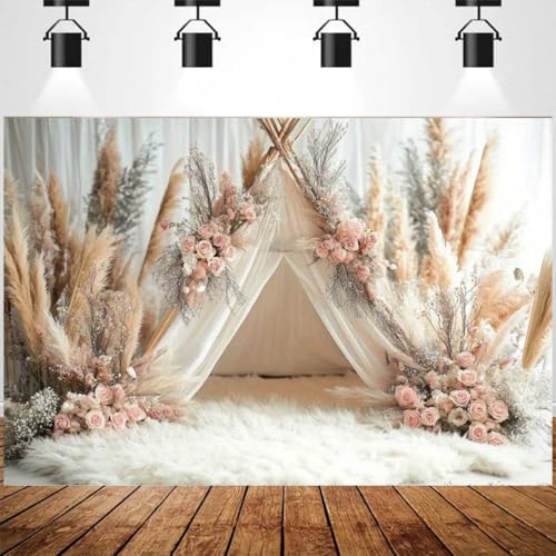 Boho Flowers Tent Photography Backdrops Pink Bohemian Style Girl Birthday Party Decorations 1st Birthday Party Baby Shower Cake Smash Backdrop Photo Studio Photography Props (7x5ft) - size: 7x5ft
